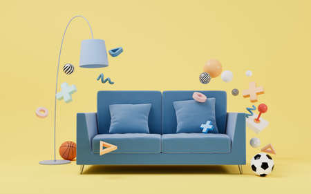 Sofa and toys, recreation and relaxation concept, 3d rendering. Computer digital drawing.