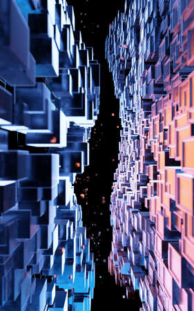 Cubic cyberpunk space, conceptual geometry background, 3d rendering. Computer digital drawing.