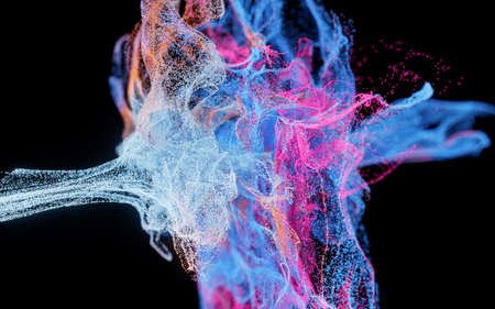 Collision of particles, decorative particles, 3d rendering. Computer digital drawing.