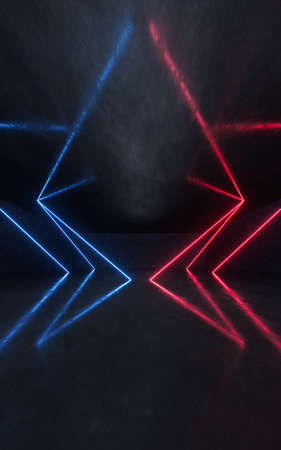 Dark room with glowing neon lines, 3d rendering. Computer digital drawing.の写真素材
