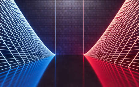 Dark brick room with neon lines, 3d rendering. Computer digital drawing.の写真素材