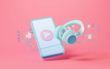 Earphone and mobile phone, 3d rendering. Computer digital drawing.の写真素材