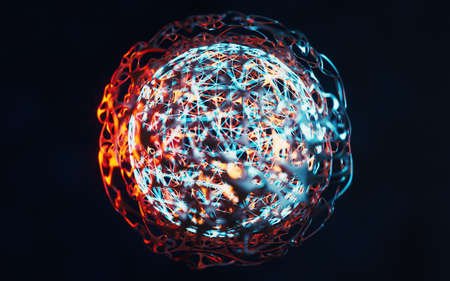 Biochemistry sphere with digital mesh lines, 3d rendering. Computer digital drawing.の写真素材