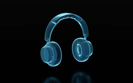 Holographic image of headphones gaming headset, 3d rendering. Listening audio electronic device....