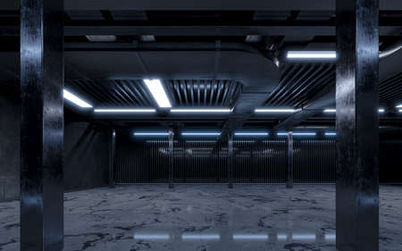 Dark building with neon illumination, 3d rendering. Computer digital drawing.の写真素材