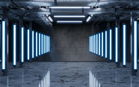Dark building with neon illumination, 3d rendering. Computer digital drawing.