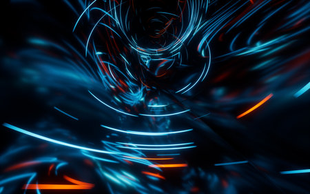 Glowing round illuminated lines with motion blur, 3d rendering. Computer digital drawing.の写真素材