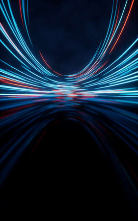 Glowing round illuminated lines with motion blur, 3d rendering. Computer digital drawing.の写真素材