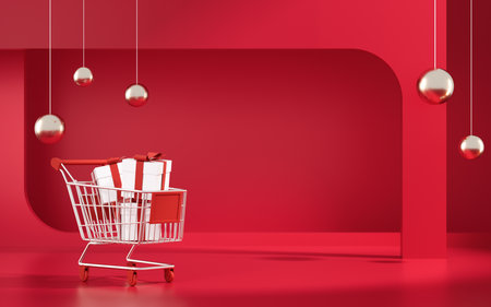 Shopping cart with geometric background, 3d rendering. Computer digital drawing.の写真素材