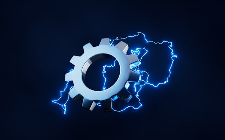 Gear with lightning effect, 3d rendering. Computer digital drawing.の写真素材