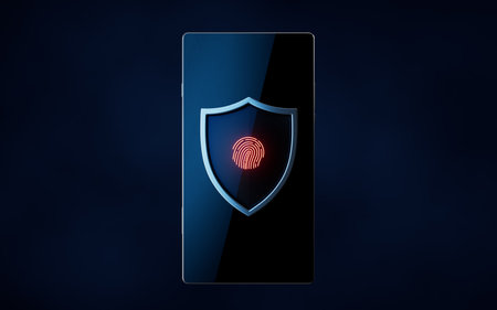 Glossy shield with fingerprint identification on mobile phone, 3d rendering. Computer digital drawing.の写真素材