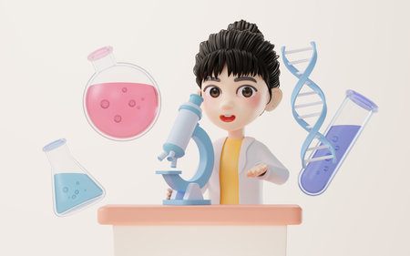 3D cartoon female analyst with chemical vessel, 3d rendering. Computer digital drawing.の写真素材
