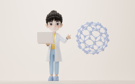 3D cartoon female researcher explain the molecule, 3d rendering. Computer digital drawing.の写真素材