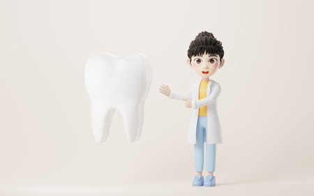 3D cartoon female researcher and the tooth, 3d rendering. Computer digital drawing.の写真素材