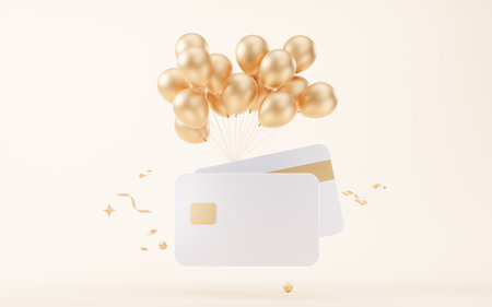 Bank card and balloons, 3d rendering. Computer digital drawing.