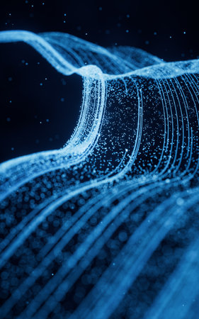 Flowing particles with glowing lines, 3d rendering. Computer digital drawing.