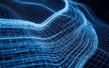 Flowing particles with glowing lines, 3d rendering. Computer digital drawing.の写真素材