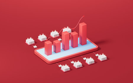 Bar graph with growth trend, 3d rendering. Computer digital drawing.の写真素材