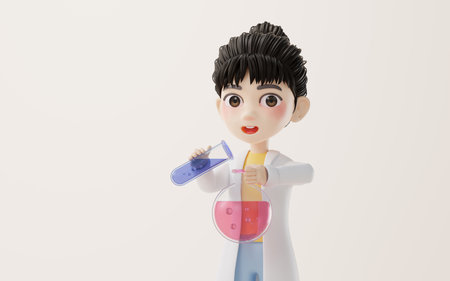 3D cartoon female analyst with chemical vessel, 3d rendering. Computer digital drawing.の写真素材