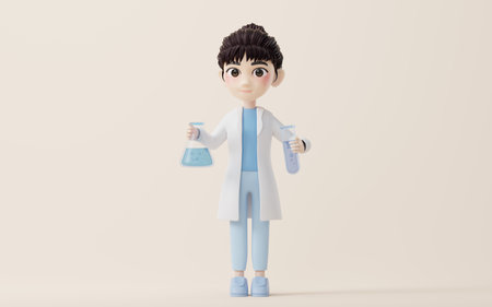 3D cartoon female analyst with chemical vessel, 3d rendering. Computer digital drawing.の写真素材