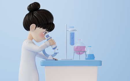 3D cartoon female researcher and microscope, 3d rendering. Computer digital drawing.の写真素材