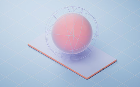 Cartoon planet sphere with mobile phone, 3d rendering. Computer digital drawing.
