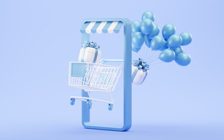 Shopping cart with gift boxes, 3d rendering. Computer digital drawing.の写真素材