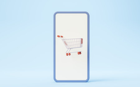 Shopping cart and mobile phone, 3d rendering. Computer digital drawing.の写真素材