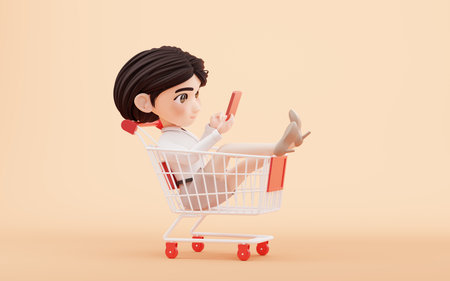 Cartoon girl with shopping cart, 3d rendering. Computer digital drawing.の写真素材