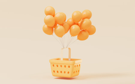 Shopping basket with balloons, 3d rendering. Computer digital drawing.の写真素材