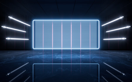 Dark room with lamp lighting illumination, 3d rendering. Computer digital drawing.の写真素材