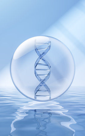 DNA with water surface background, 3d rendering. Computer digital drawing.の写真素材