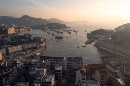 Seaside port with residental houses around, in Taizhou, Zhejiang, China.