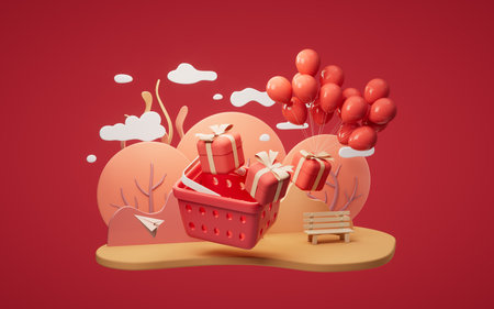 Gift box with balloons with cartoon style, 3d rendering. Computer digital drawing.