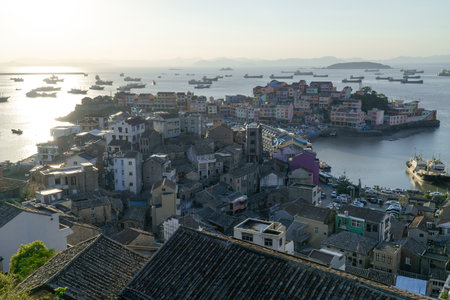 Seaside port with residental houses around, in Taizhou, Zhejiang, China.
