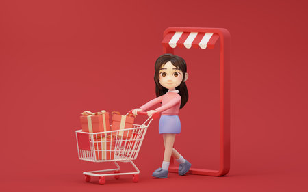 Little girl with shopping theme with cartoon style, 3d rendering. Computer digital drawing.の写真素材