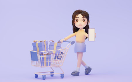 Little girl with shopping theme with cartoon style, 3d rendering. Computer digital drawing.