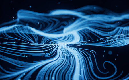Wave particles lines with swirling pattern, 3d rendering. Computer digital drawing.の写真素材