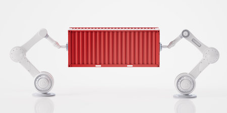 Mechanical arm and industry container, 3d rendering. Digital drawing.