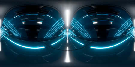 Dark tunnel with glowing light illuminated, 3d rendering. 360-degree seamless panoramic view....
