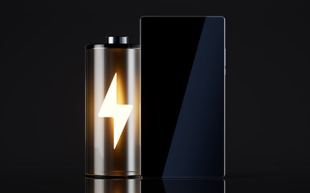 Mobile phone and battery, 3d rendering. Digital drawing.