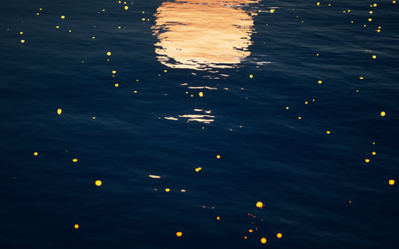 Rippled lake with glowing particles, 3d rendering. Digital drawing.