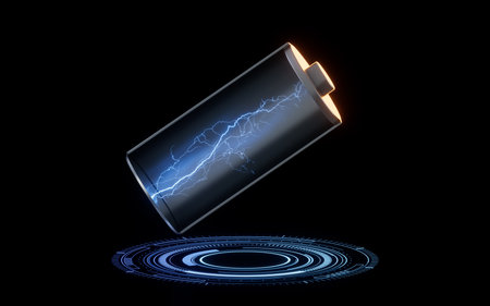 3D fast charge battery on black background, energy technology concept, 3d rendering. Digital...