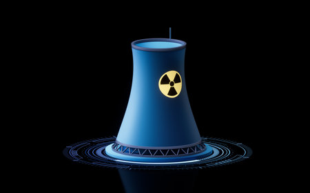 Nuclear power station and electric power, 3d rendering. Digital drawing.