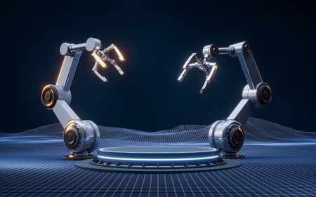 Mechanical arm and digital grid space, 3d rendering. Digital drawing.