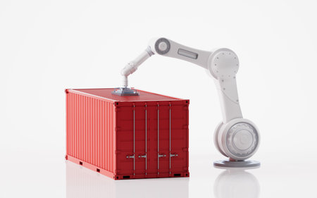 Mechanical arm and industry container, 3d rendering. Digital drawing.