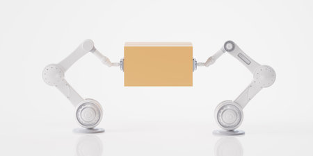 Mechanical arm and cardboard box, 3d rendering. Digital drawing.