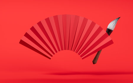 Ancient Chinese brush and fan, 3d rendering. Digital drawing.の写真素材