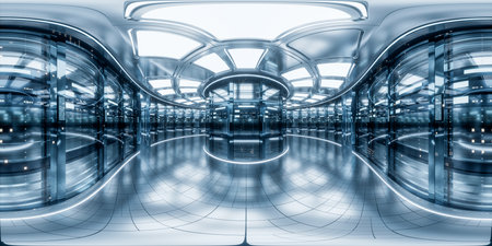 Sever racks and data center, 360-degree seamless panoramic view, 3d rendering. Digital drawing.