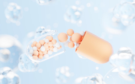 Medical capsule with biomedical concept, 3d rendering. Digital drawing.